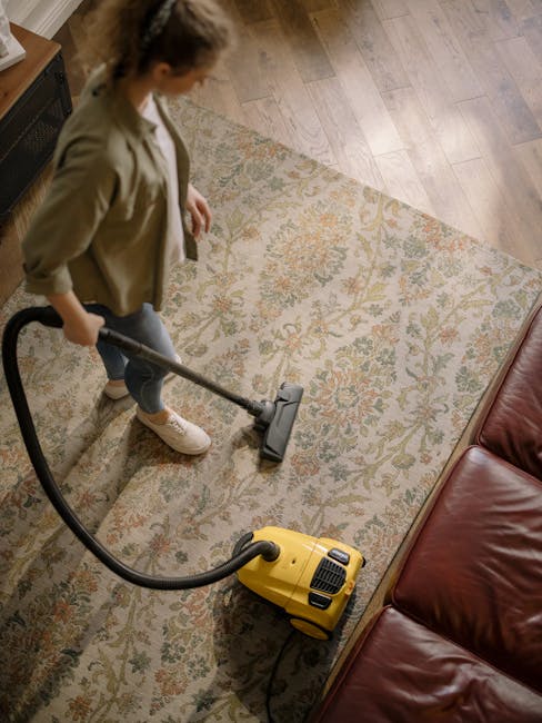 Close-up of a black vacuum cleaner head placed on an intricately patterned, light-colored carpet in a room illuminated by natural light. The carpet features a floral design with soft pastel shades and