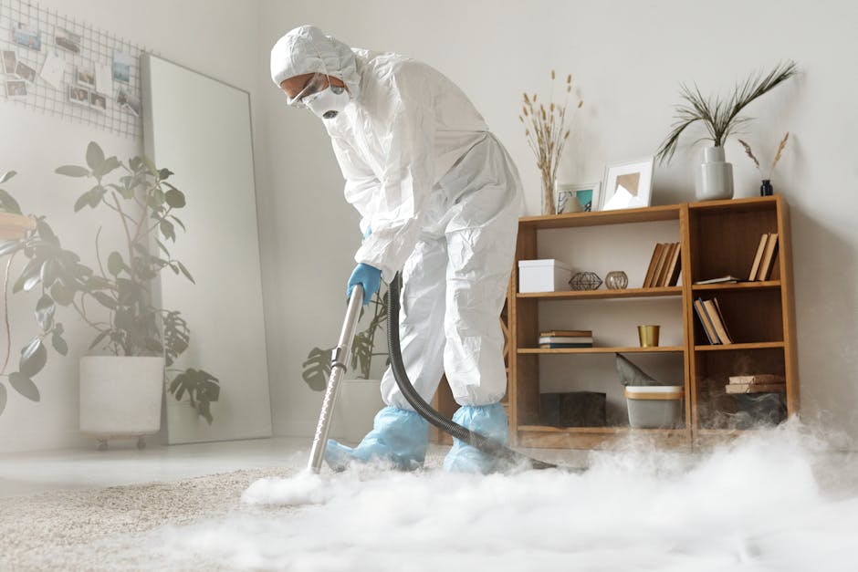 Close-up image of a wet vacuum cleaner placed on a beige carpet in a residential setting, with a flexible hose attached to the machine. The carpet appears plush and clean, with the vacuum emitting moi